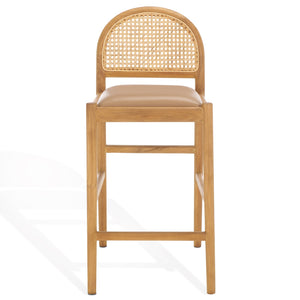 Safavieh Laylie Rattan And Leather Counter Stool - Elegant Sungkay Wood Design For Chic Kitchen Spaces Brown ,Natural Wood ,Leather ,Rattan Sfv1608b