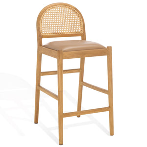 Safavieh Laylie Rattan And Leather Counter Stool - Elegant Sungkay Wood Design For Chic Kitchen Spaces Brown ,Natural Wood ,Leather ,Rattan Sfv1608b