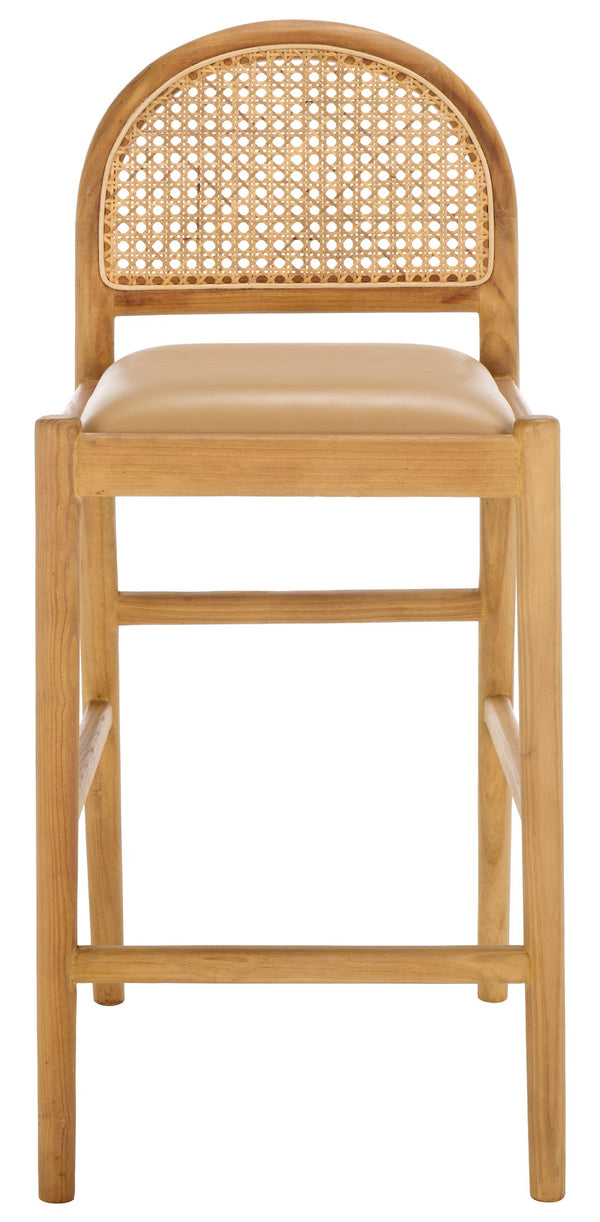Safavieh Laylie Rattan And Leather Counter Stool - Elegant Sungkay Wood Design For Chic Kitchen Spaces Tan ,Natural Wood ,Leather ,Rattan Sfv1608c