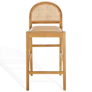 Safavieh Laylie Rattan And Leather Counter Stool - Elegant Sungkay Wood Design For Chic Kitchen Spaces Tan ,Natural Wood ,Leather ,Rattan Sfv1608c