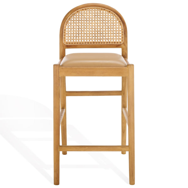 Safavieh Laylie Rattan And Leather Counter Stool - Elegant Sungkay Wood Design For Chic Kitchen Spaces Tan ,Natural Wood ,Leather ,Rattan Sfv1608c