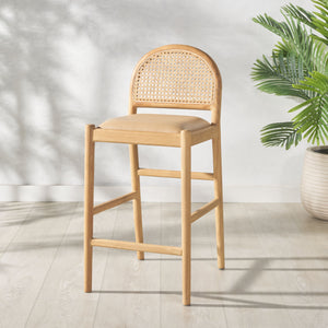 Safavieh Laylie Rattan And Leather Counter Stool - Elegant Sungkay Wood Design For Chic Kitchen Spaces Tan ,Natural Wood ,Leather ,Rattan Sfv1608c
