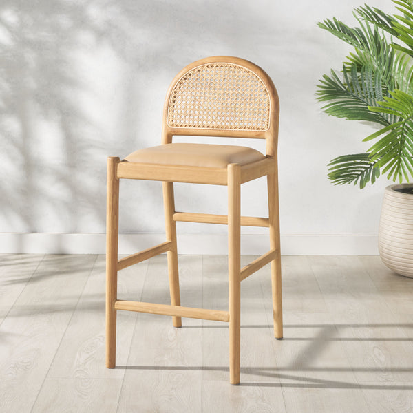 Safavieh Laylie Rattan And Leather Counter Stool - Elegant Sungkay Wood Design For Chic Kitchen Spaces Tan ,Natural Wood ,Leather ,Rattan Sfv1608c