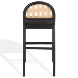 Laylie Rattan And Boucle Counter Stool — All-Black Modern Comfort With Solid Wood Frame, 36.6"H