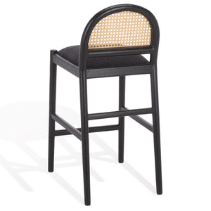 Laylie Rattan And Boucle Counter Stool — All-Black Modern Comfort With Solid Wood Frame, 36.6"H