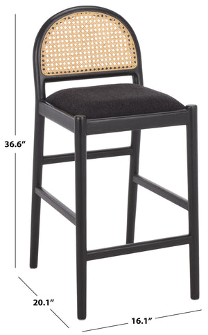 Laylie Rattan And Boucle Counter Stool — All-Black Modern Comfort With Solid Wood Frame, 36.6"H