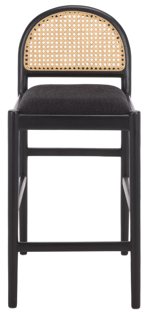 Laylie Rattan And Boucle Counter Stool — All-Black Modern Comfort With Solid Wood Frame, 36.6"H