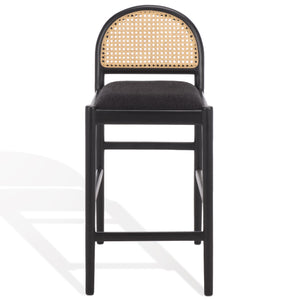 Laylie Rattan And Boucle Counter Stool — All-Black Modern Comfort With Solid Wood Frame, 36.6"H
