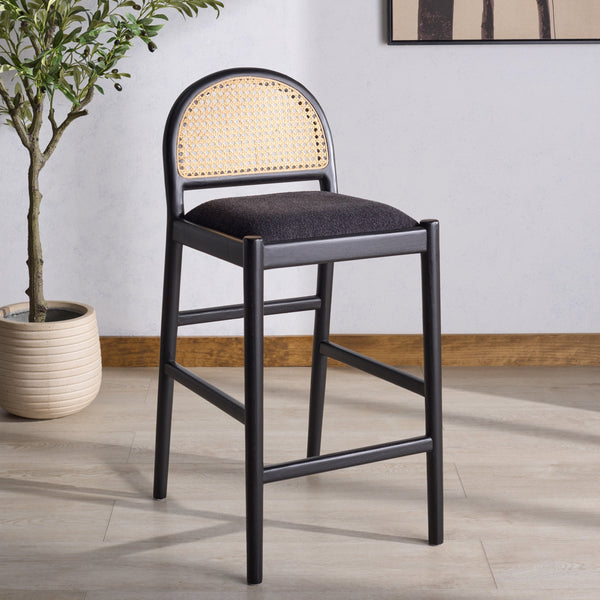 Laylie Rattan And Boucle Counter Stool — All-Black Modern Comfort With Solid Wood Frame, 36.6"H