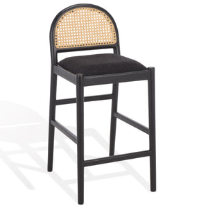 Laylie Rattan And Boucle Counter Stool — All-Black Modern Comfort With Solid Wood Frame, 36.6"H