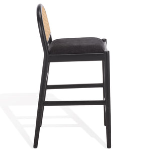 Laylie Rattan And Boucle Counter Stool — All-Black Modern Comfort With Solid Wood Frame, 36.6"H