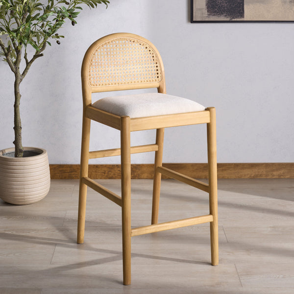 Laylie Rattan And Boucle Counter Stool — All-Black Modern Comfort With Solid Wood Frame, 36.6"H