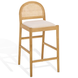 Laylie Rattan And Boucle Counter Stool — All-Black Modern Comfort With Solid Wood Frame, 36.6"H