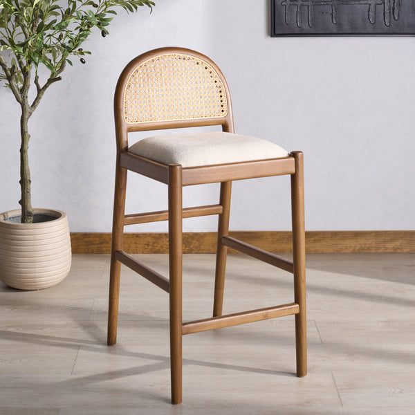 Laylie Rattan And Boucle Counter Stool — All-Black Modern Comfort With Solid Wood Frame, 36.6"H