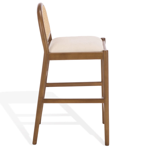 Laylie Rattan And Boucle Counter Stool — All-Black Modern Comfort With Solid Wood Frame, 36.6"H