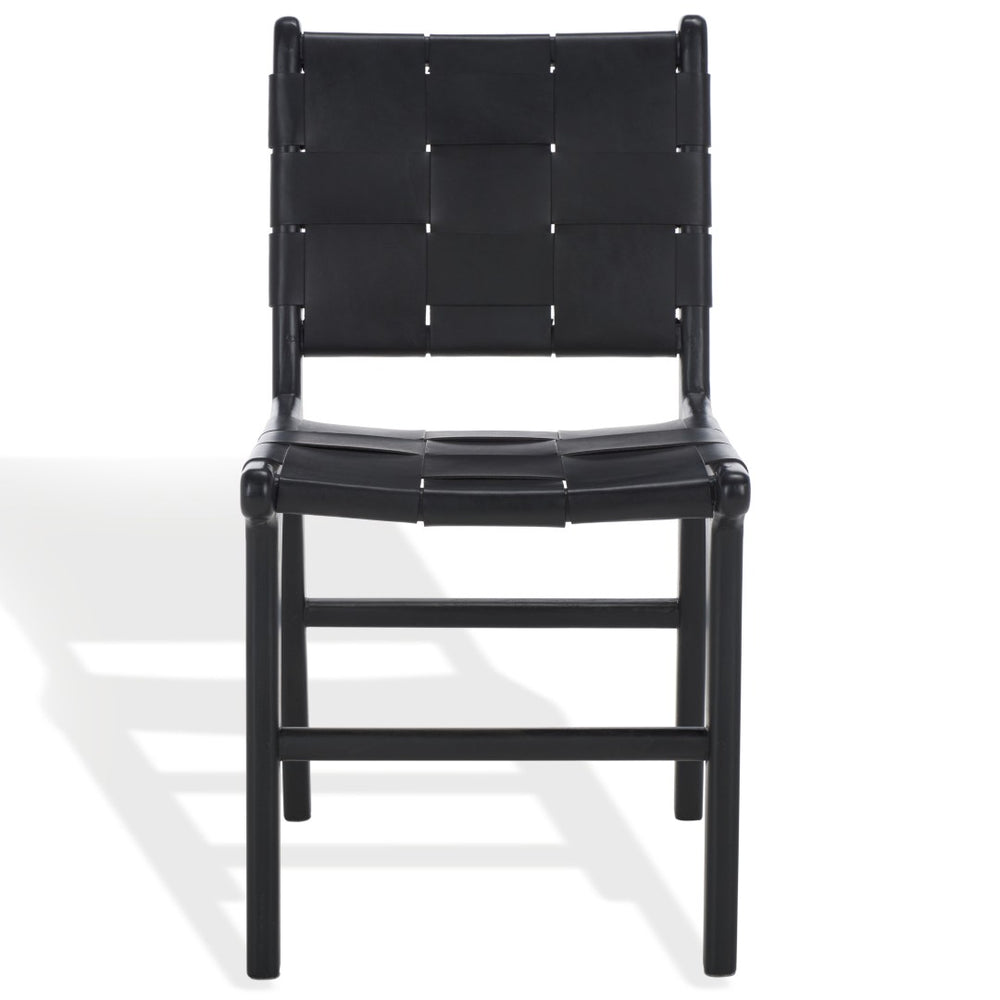 Safavieh CASSAPHINA Woven Leather Dining Chair - Luxurious Craftsmanship with Teak Frame for Timeless Elegance Black / Black SFV1611A-SET2