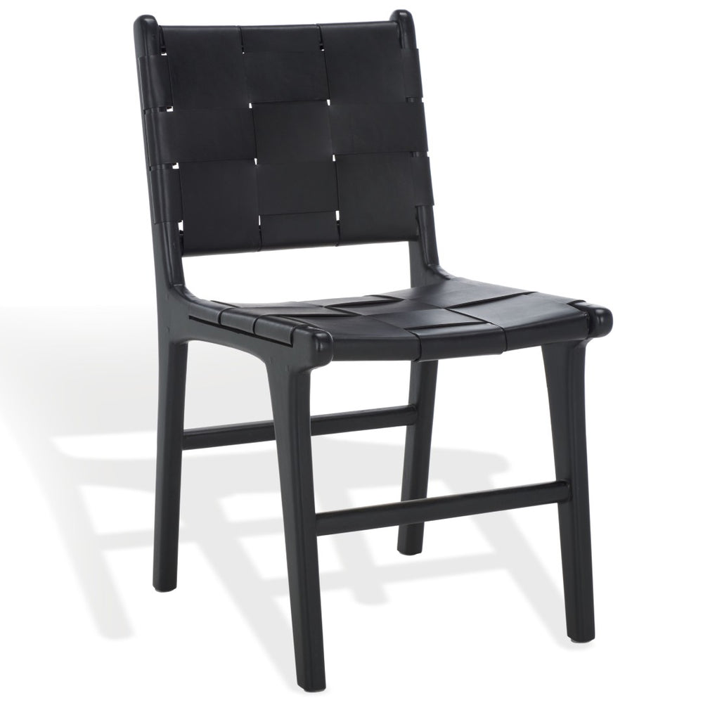 Safavieh CASSAPHINA Woven Leather Dining Chair - Luxurious Craftsmanship with Teak Frame for Timeless Elegance Black / Black SFV1611A-SET2