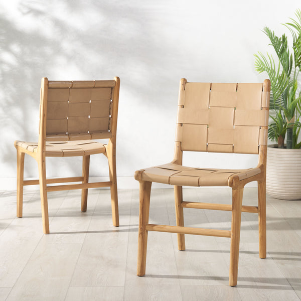 Safavieh Cassaphina Woven Leather Dining Chair – Elevate Your Space With Stylish Comfort And Timeless Elegance Tan ,Natural Wood ,Leather Sfv1611c-set2