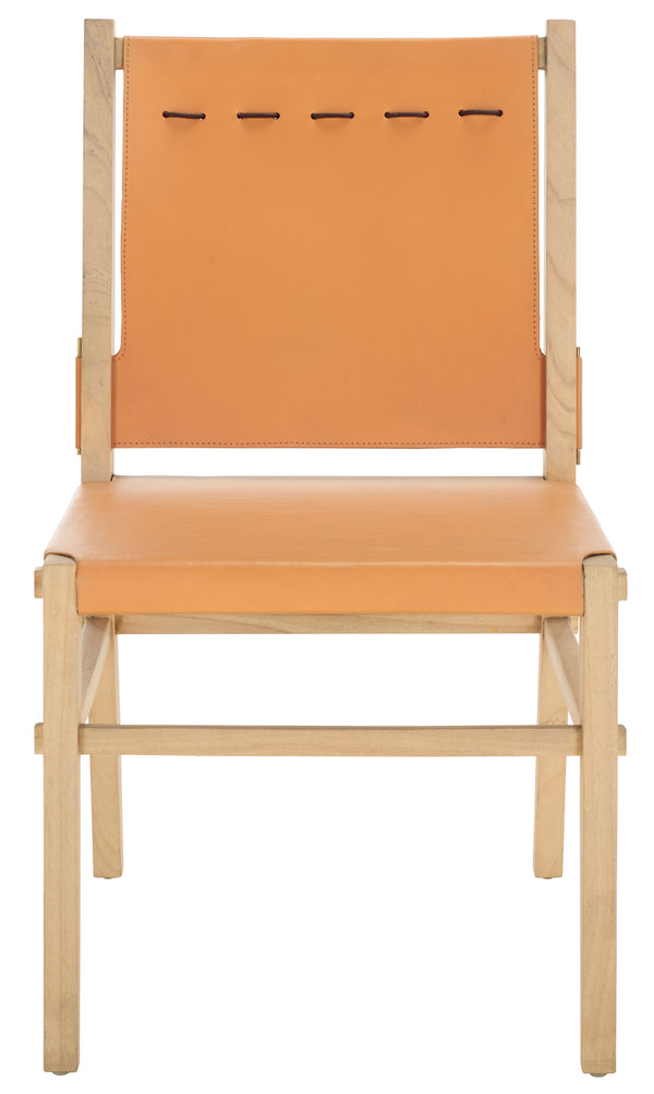 Safavieh Catriella Leather Dining Chair - Elegant Black Design With Mindi Wood & Brass Accents For Luxury Dining Tan ,Natural Wood ,Leather ,Brass Sfv1900d-set2