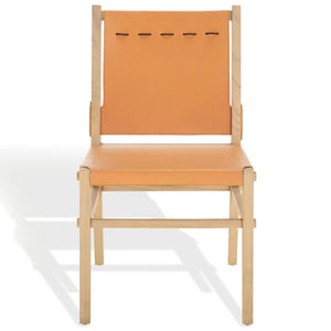 Safavieh Catriella Leather Dining Chair - Elegant Black Design With Mindi Wood & Brass Accents For Luxury Dining Tan ,Natural Wood ,Leather ,Brass Sfv1900d-set2