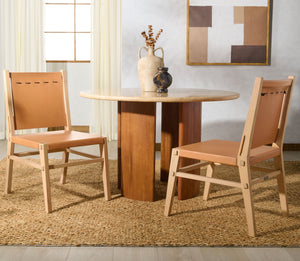 Safavieh Catriella Leather Dining Chair - Elegant Black Design With Mindi Wood & Brass Accents For Luxury Dining Tan ,Natural Wood ,Leather ,Brass Sfv1900d-set2