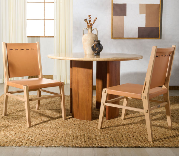 Safavieh Catriella Leather Dining Chair - Elegant Black Design With Mindi Wood & Brass Accents For Luxury Dining Tan ,Natural Wood ,Leather ,Brass Sfv1900d-set2