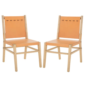 Safavieh Catriella Leather Dining Chair - Elegant Black Design With Mindi Wood & Brass Accents For Luxury Dining Tan ,Natural Wood ,Leather ,Brass Sfv1900d-set2