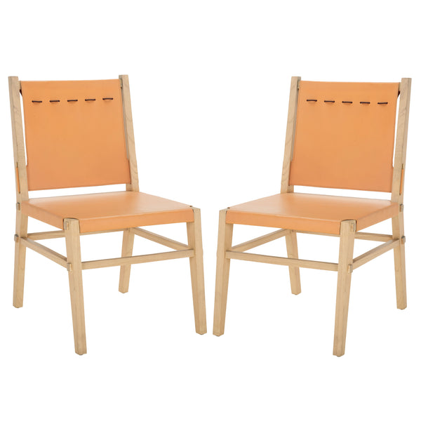 Safavieh Catriella Leather Dining Chair - Elegant Black Design With Mindi Wood & Brass Accents For Luxury Dining Tan ,Natural Wood ,Leather ,Brass Sfv1900d-set2