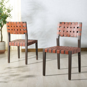 Safavieh Bette Woven Leather Dining Chair - Elevate Your Dining Experience With Luxurious Comfort & Style Brown ,Walnut Wood ,Leather Sfv1902b-set2