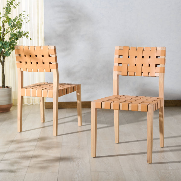 Safavieh Bette Woven Leather Dining Chair - Elevate Your Dining Experience With Luxurious Comfort & Style Tan ,Natural Wood ,Leather Sfv1902d-set2