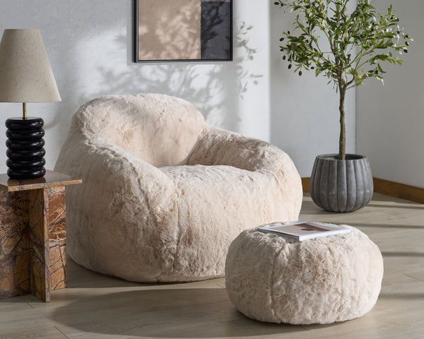 Lorianna Bean Bag Chair In Soft Cream Fabric, Supportive Polyester Fill, Lightweight & Made In Usa