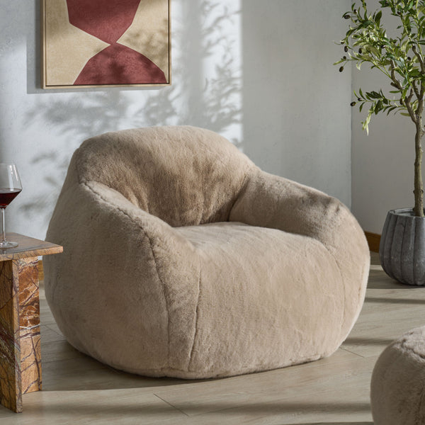 Lorianna Bean Bag Chair In Soft Cream Fabric, Supportive Polyester Fill, Lightweight & Made In Usa