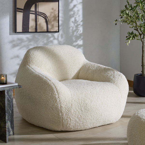 Lorianna Bean Bag Chair In Soft Cream Fabric, Supportive Polyester Fill, Lightweight & Made In Usa