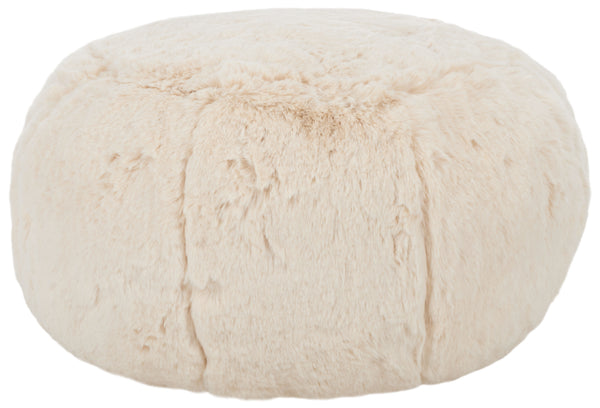 Gracelina Round Pouf In Cream — Compact Plush Ottoman For Extra Seating, Footrest & Textured Style