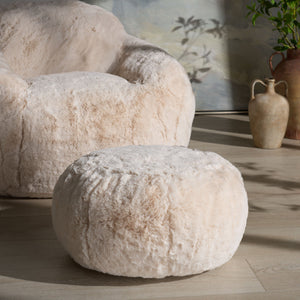 Gracelina Round Pouf In Cream — Compact Plush Ottoman For Extra Seating, Footrest & Textured Style