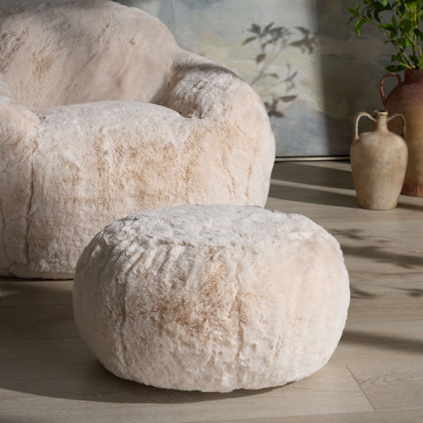 Gracelina Round Pouf In Cream — Compact Plush Ottoman For Extra Seating, Footrest & Textured Style