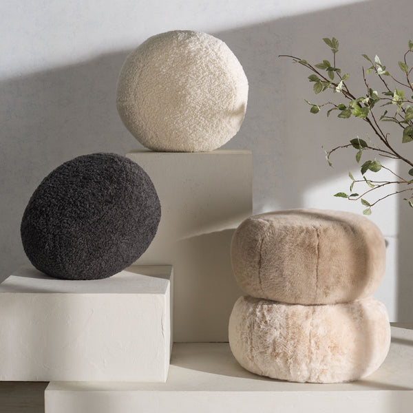 Gracelina Round Pouf In Cream — Compact Plush Ottoman For Extra Seating, Footrest & Textured Style