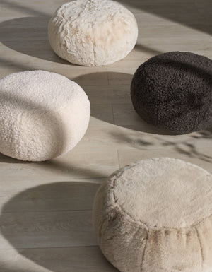 Gracelina Round Pouf In Cream — Compact Plush Ottoman For Extra Seating, Footrest & Textured Style