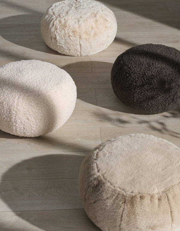 Gracelina Round Pouf In Cream — Compact Plush Ottoman For Extra Seating, Footrest & Textured Style