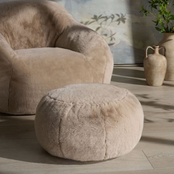Gracelina Round Pouf In Cream — Compact Plush Ottoman For Extra Seating, Footrest & Textured Style