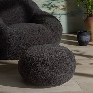 Gracelina Round Pouf In Cream — Compact Plush Ottoman For Extra Seating, Footrest & Textured Style
