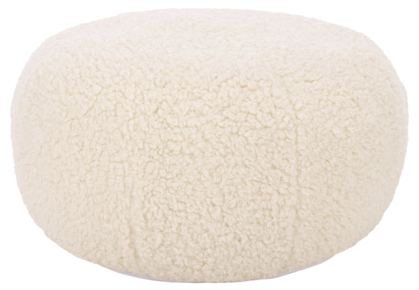 Gracelina Round Pouf In Cream — Compact Plush Ottoman For Extra Seating, Footrest & Textured Style