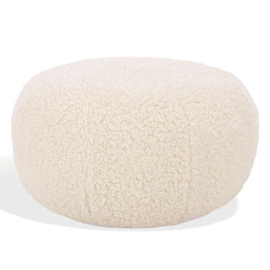 Gracelina Round Pouf In Cream — Compact Plush Ottoman For Extra Seating, Footrest & Textured Style