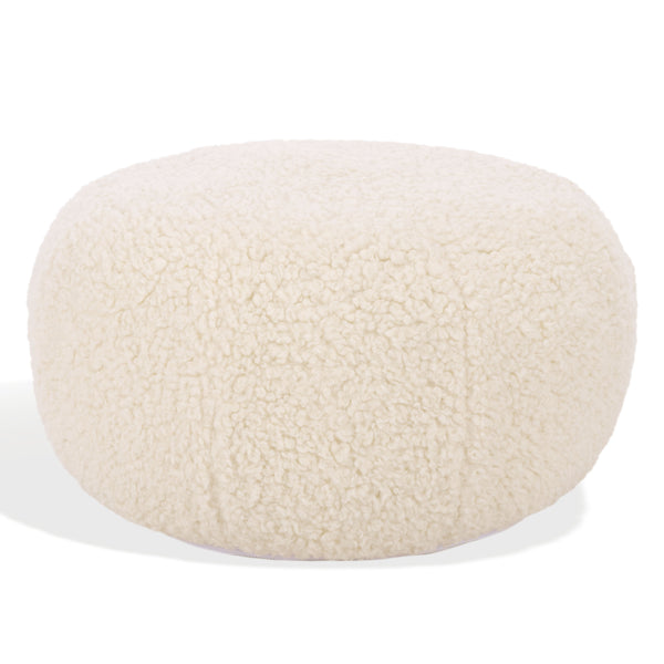Gracelina Round Pouf In Cream — Compact Plush Ottoman For Extra Seating, Footrest & Textured Style