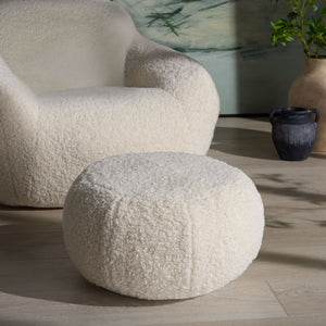 Gracelina Round Pouf In Cream — Compact Plush Ottoman For Extra Seating, Footrest & Textured Style