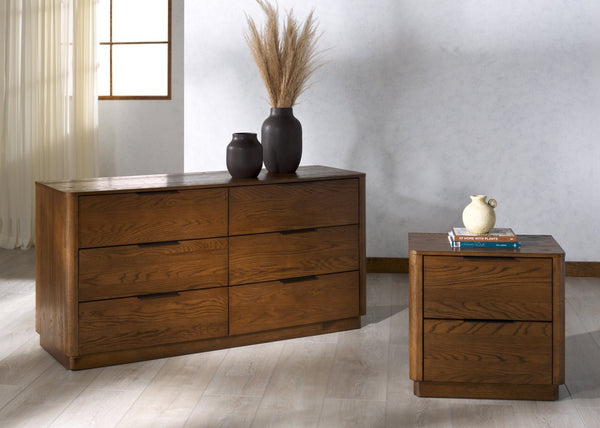 Safavieh GABRIETTA 2 Drawer Nightstand - Elegant Wood Design with Chic Accents for Modern Bedroom Decor Medium Oak / Black SFV2142C