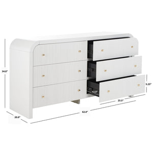 Safavieh LIABELLA Curved Dresser with 6 Drawers – Elegant Waterfall Design for Modern Bedroom Storage Solutions White / Gold SFV2144A