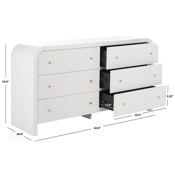 Safavieh LIABELLA Curved Dresser with 6 Drawers – Elegant Waterfall Design for Modern Bedroom Storage Solutions White / Gold SFV2144A