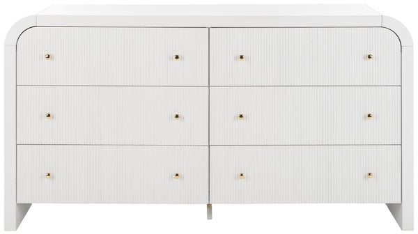Safavieh LIABELLA Curved Dresser with 6 Drawers – Elegant Waterfall Design for Modern Bedroom Storage Solutions White / Gold SFV2144A