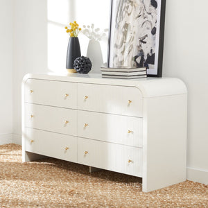 Safavieh LIABELLA Curved Dresser with 6 Drawers – Elegant Waterfall Design for Modern Bedroom Storage Solutions White / Gold SFV2144A